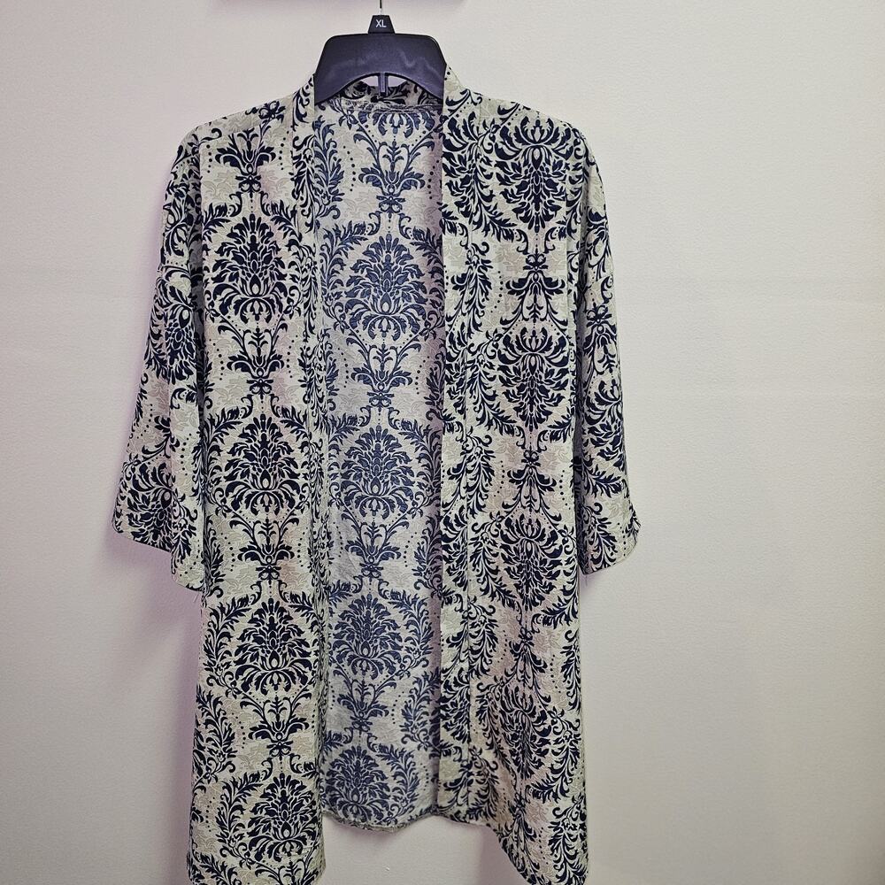 Kimono Cardigan XL Blue Cream Paisley Floral Open Front 3/4 Sleeve Boho Layer